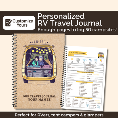 Personalized Van Life Journal with custom cover, travel logbook pages, trip planner, maintenance checklist, and memory sections for RV and road trip adventures.