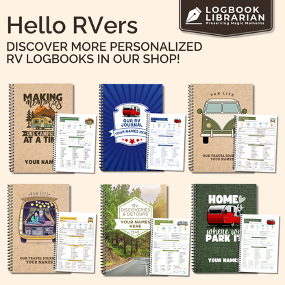 Personalized Van Life Journal with custom cover, travel logbook pages, trip planner, maintenance checklist, and memory sections for RV and road trip adventures.