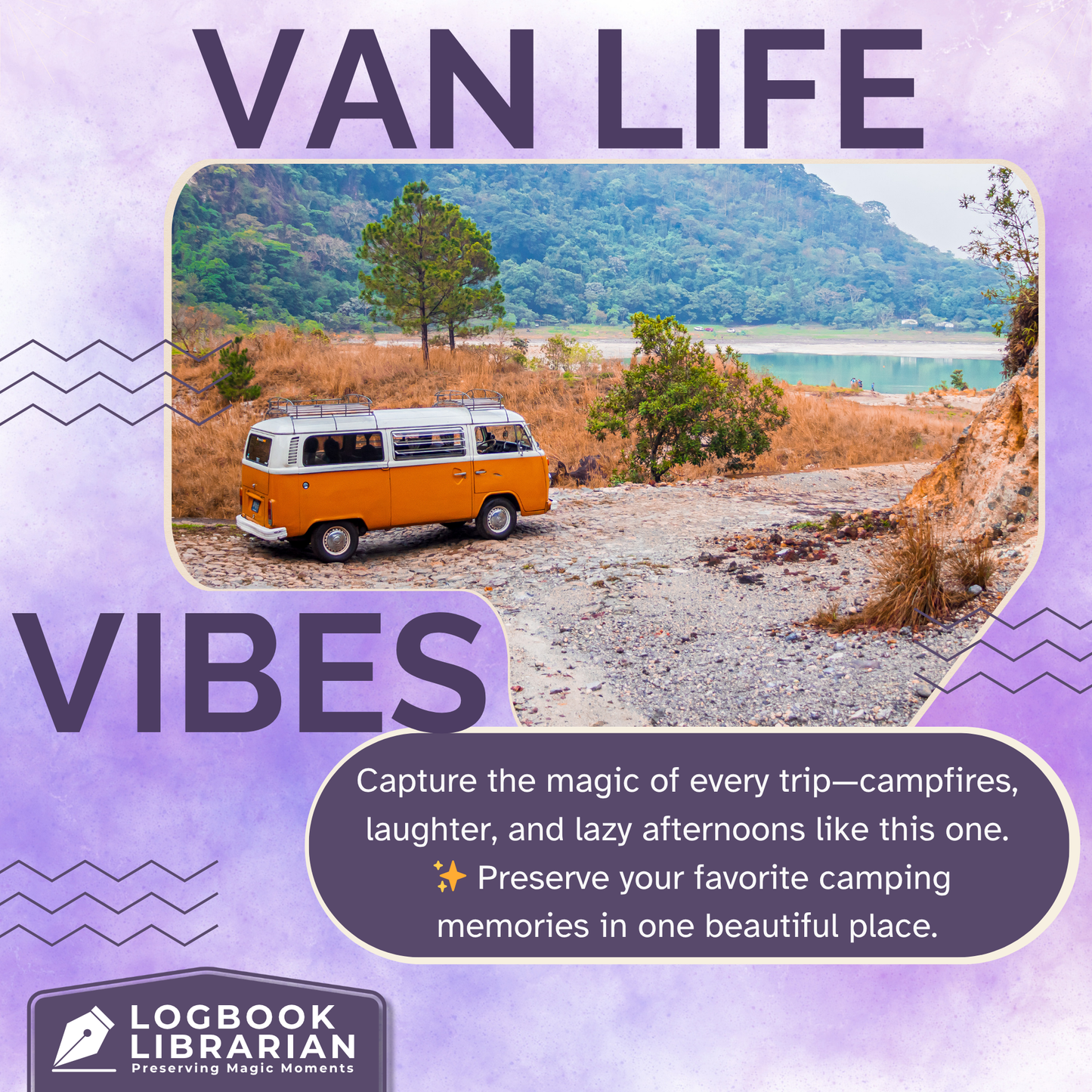 Van Life Travel Journal with illustrated camper van cover and detailed trip planner pages to log campsites, activities, memories, and RV adventures.