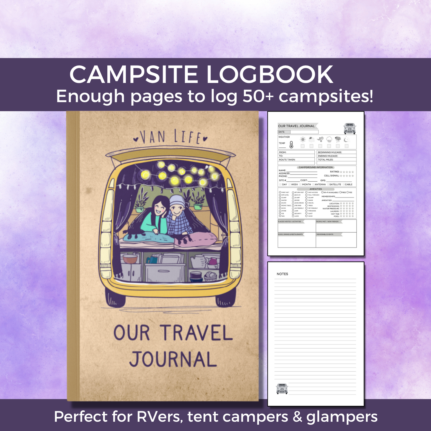Van Life Travel Journal with illustrated camper van cover and detailed trip planner pages to log campsites, activities, memories, and RV adventures.