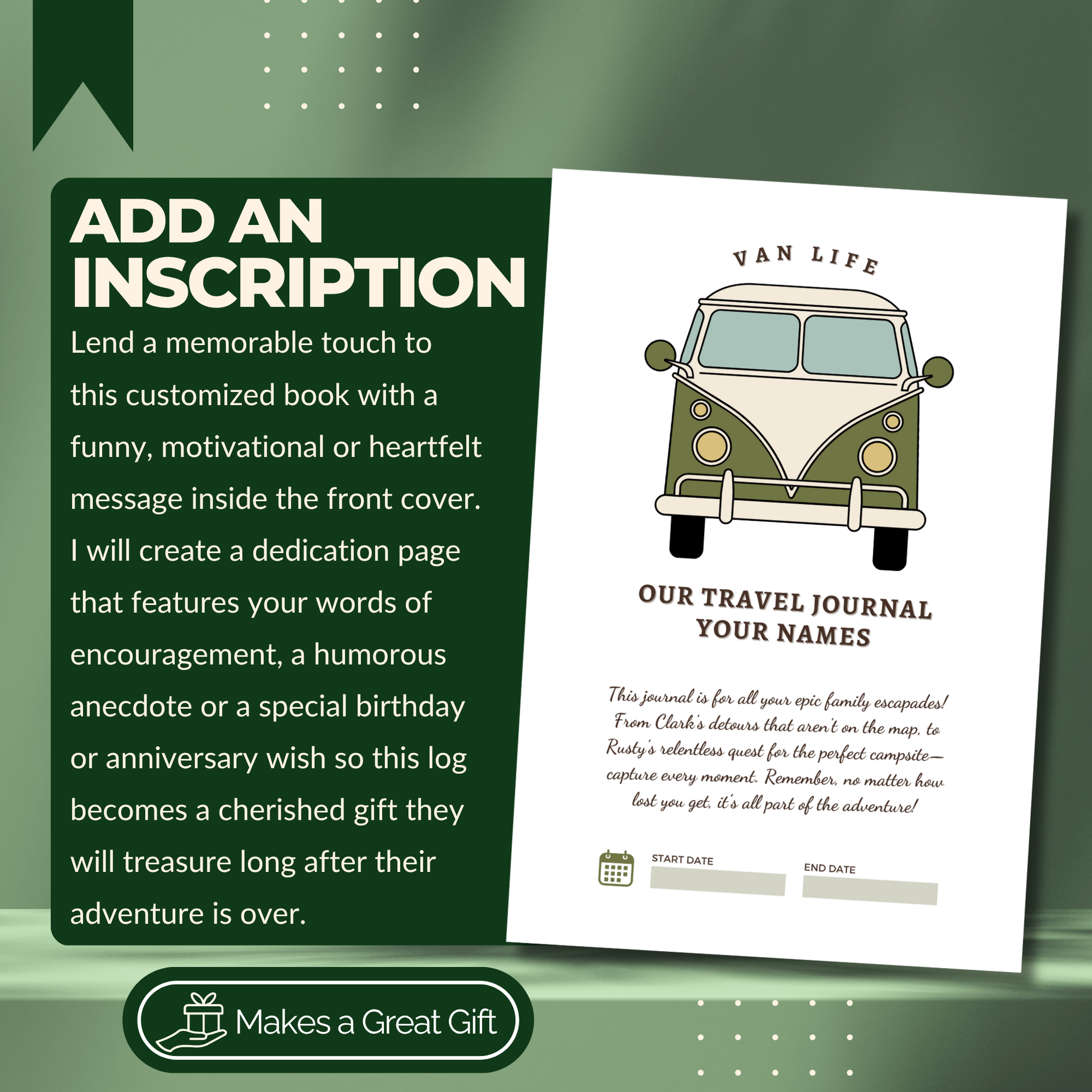 Personalized Van Life RV travel journal and custom camping logbook to track road trips, campsites, and memories. This RV life trip planner and adventure log makes a thoughtful gift for couples, retirees, and campers. A unique travel memory book and camping gift idea for Vanlife RV enthusiasts.