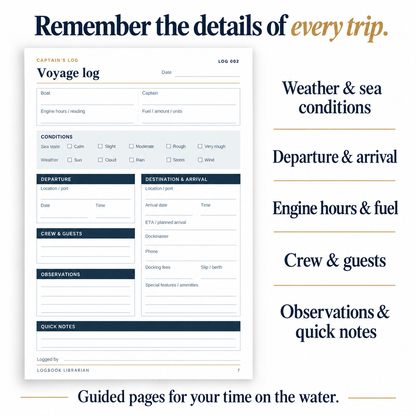 A printed Captain's Log travel log sheet shown on a white background with marketing text around it. The sheet contains fields for voyage details, conditions, departure, destination, crew and guests, observations, and quick notes.