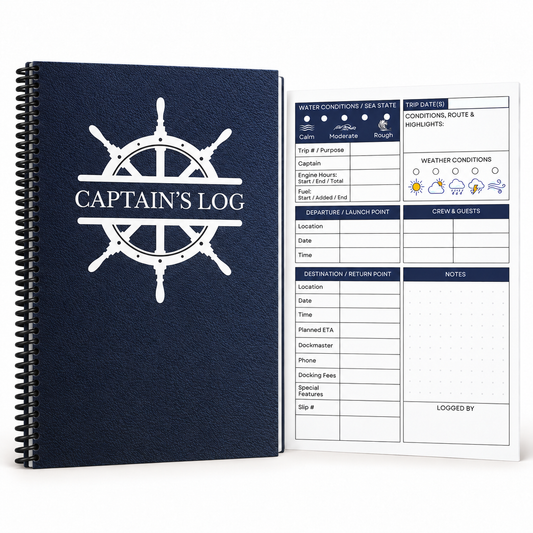 Captain’s Log spiral-bound guided boating logbook with blue nautical wheel cover and interior trip tracker page for recording routes, weather, water conditions, crew, fuel and notes.