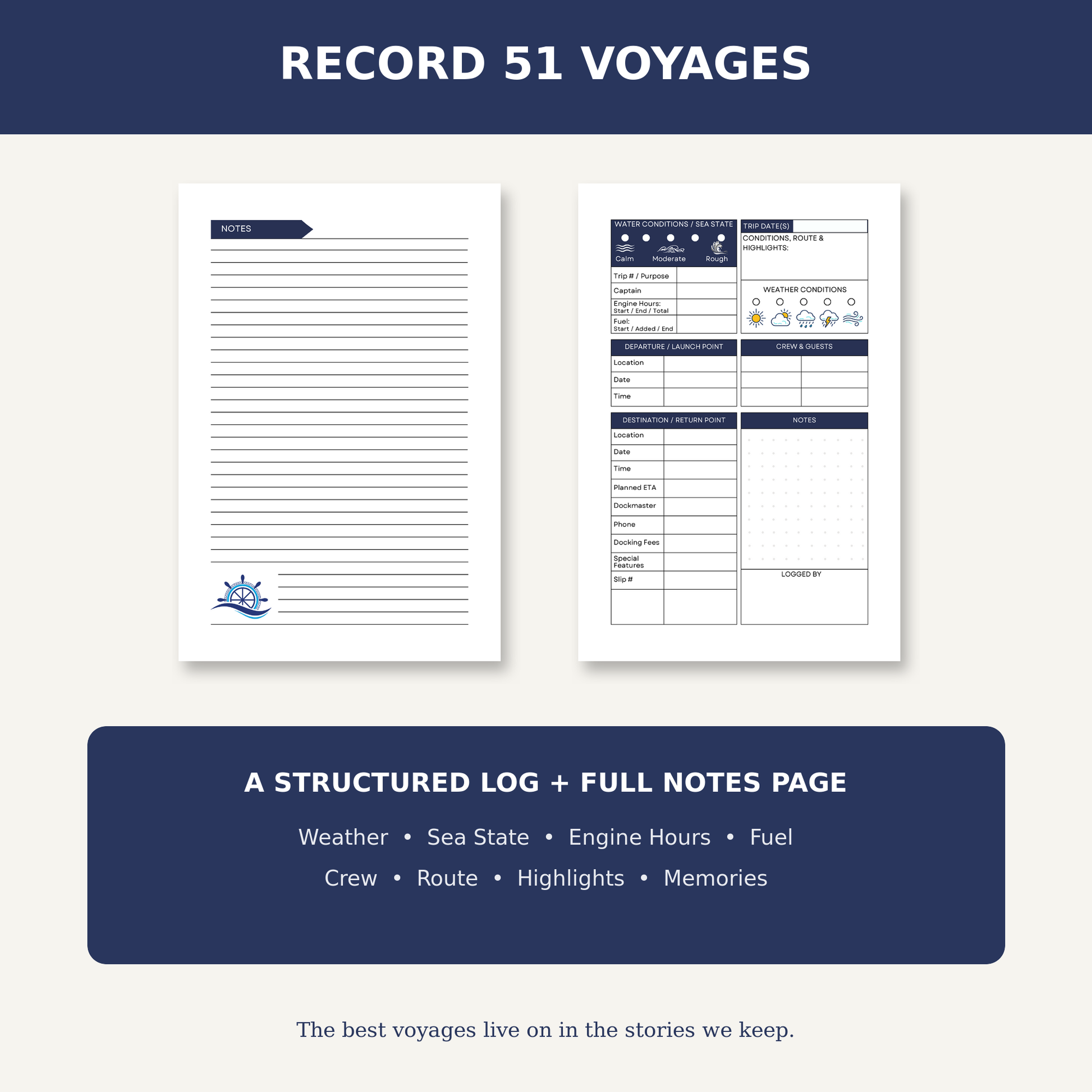 A digital mockup showing two pages of a voyage log set: a full notes page with lined writing space and a log sheet with printed sections. The design uses navy blue and white on a light gray background, with the text 'RECORD 51 VOYAGES' at the top and a navy banner below describing the structured log and full notes page.