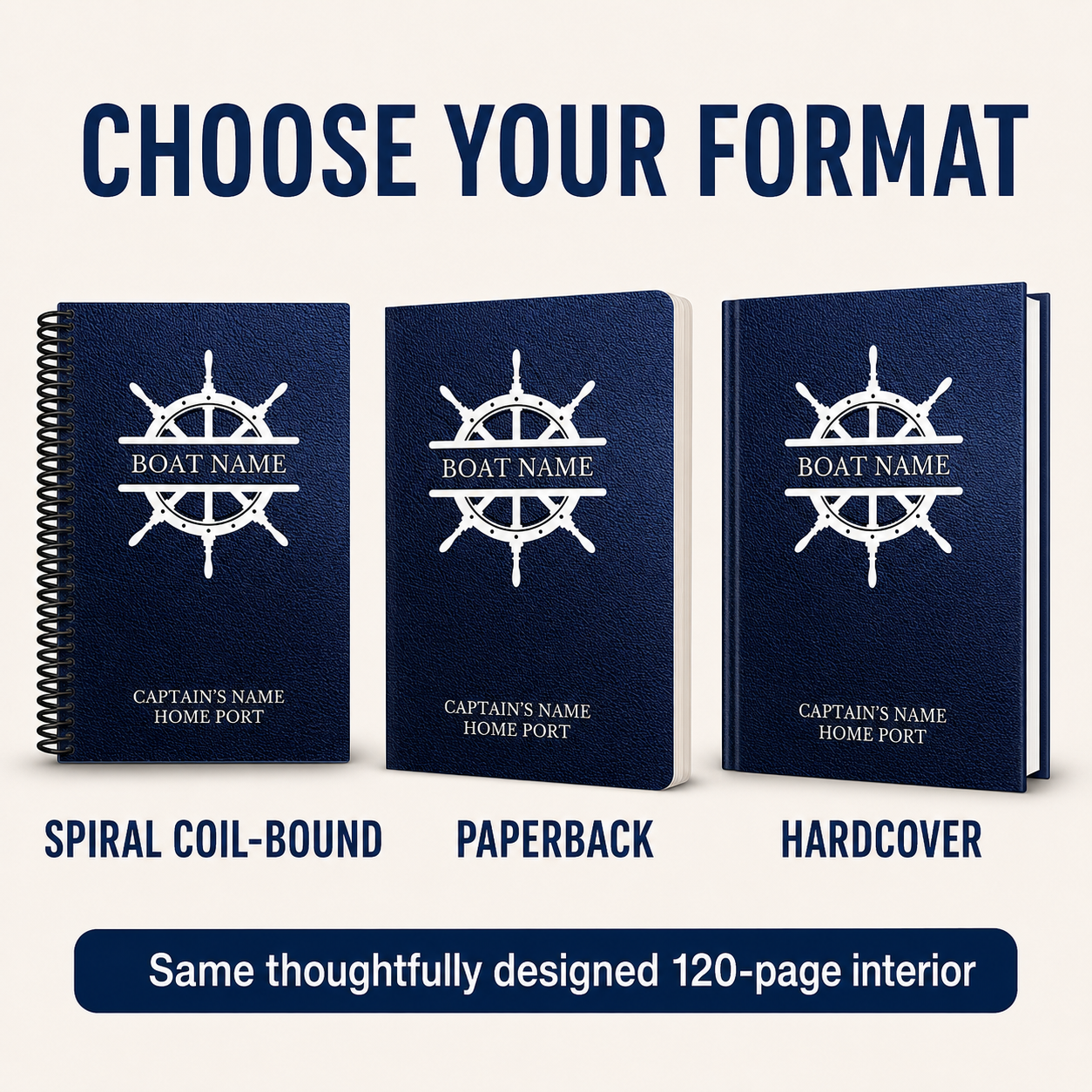 Three navy blue boat-themed notebooks shown on a light beige background, labeled as spiral coil-bound, paperback, and hardcover formats. The covers feature a white ship's wheel logo and customizable text fields for boat name, captain's name, and home port.