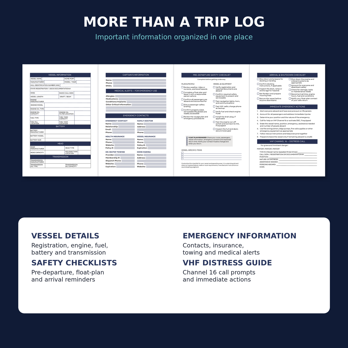 A promotional graphic for a digital or printed trip log and safety checklist booklet. The dark navy background contains the headline 'MORE THAN A TRIP LOG' and a subtitle about organizing important information.