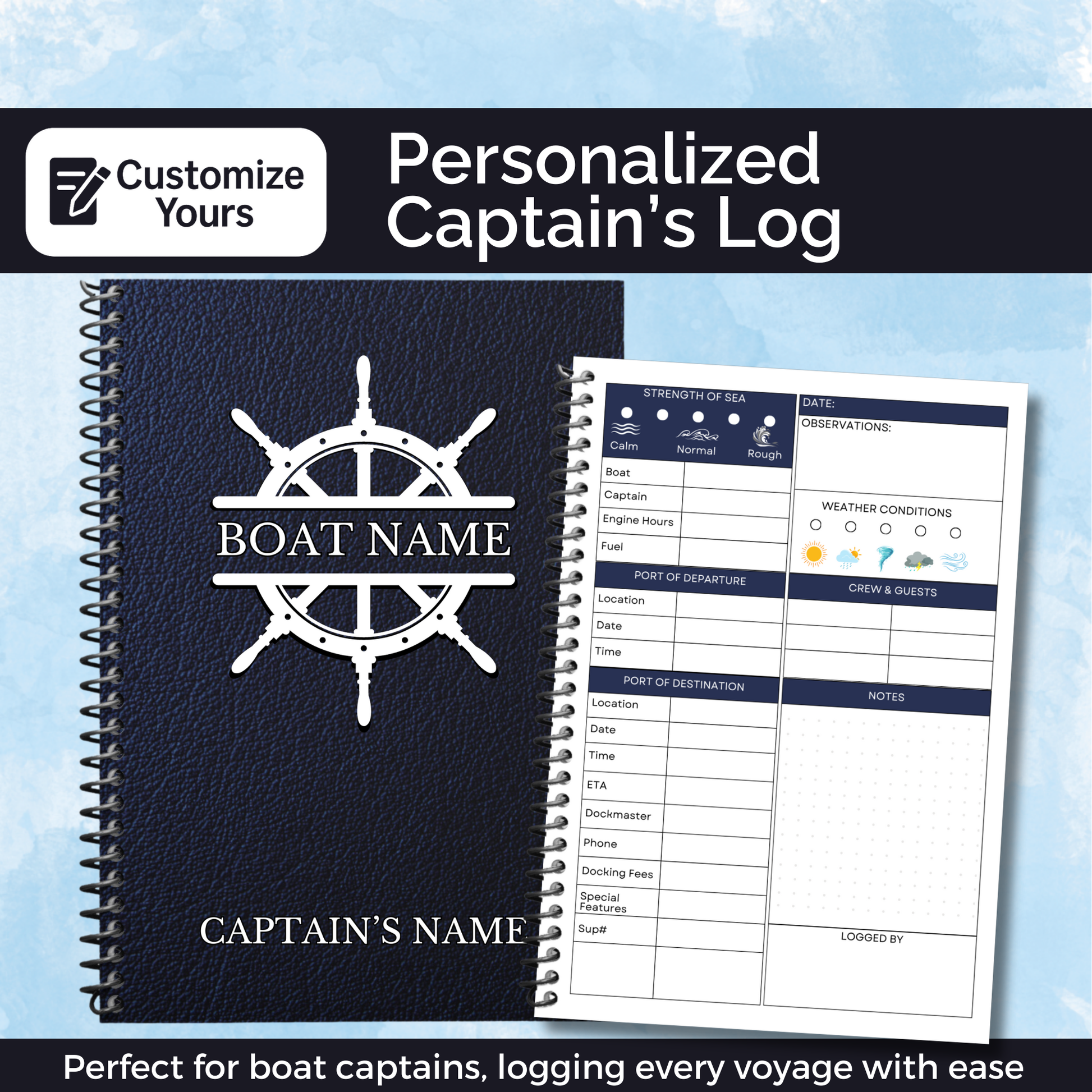 Captains Log
Boat Logbook
Nautical Diary
Boating Journal
Marine Log
Sailors Log
Yacht Logbook
Personalized Log
Boat Captain Gift
Sea Captain Log
Custom Logbook
Maritime Journal
Nautical Gift