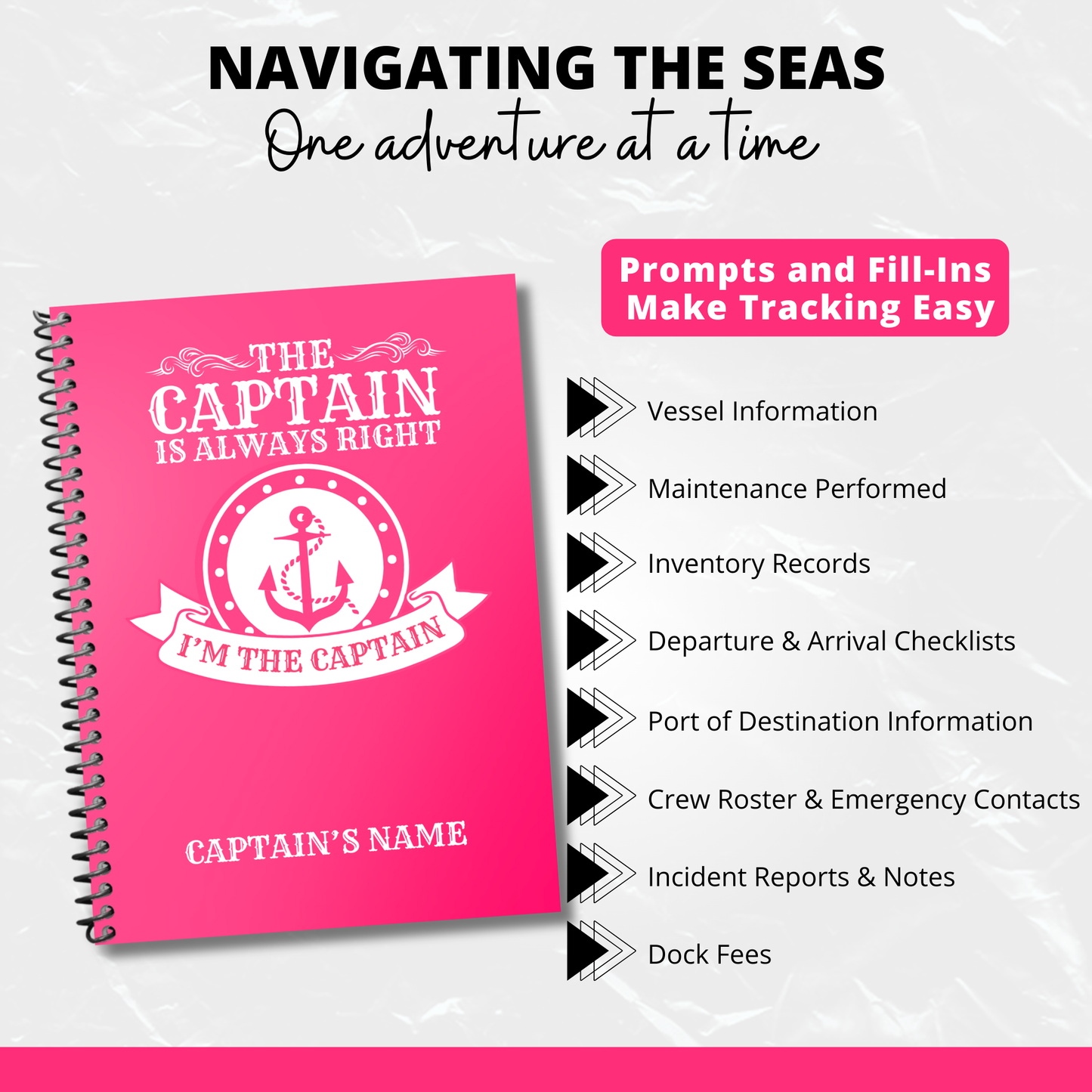 Custom Captains Log Book| Personalized Nautical Diary for Boat Captains | Perfect Gift for Boat Owners (Pink)