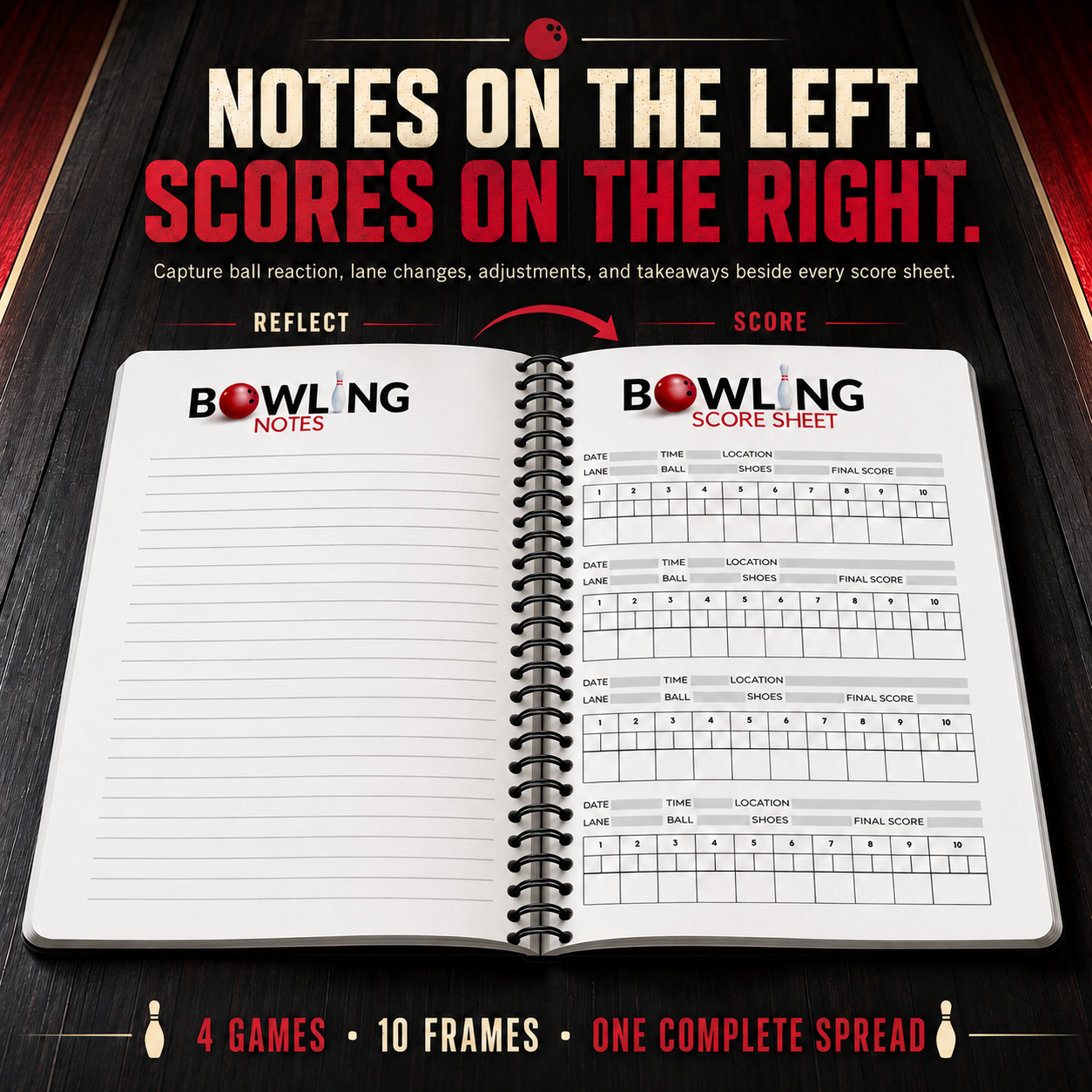 Spiral-bound bowling scorebook open to a lined notes page and a traditional 10-frame score sheet for four games, with spaces to record lane details, equipment, and final scores.