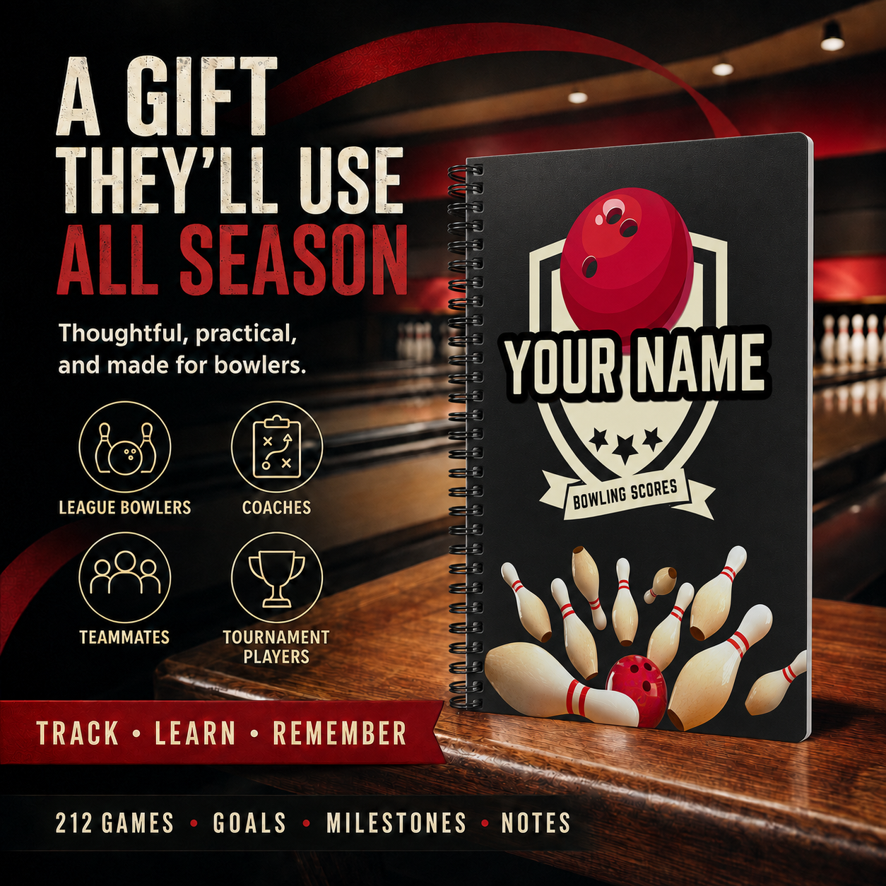 Personalized bowling scorebook gift for league bowlers, coaches, teammates and tournament players, with space for 212 games, goals, milestones and notes.