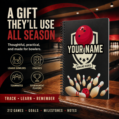 Personalized bowling scorebook gift for league bowlers, coaches, teammates and tournament players, with space for 212 games, goals, milestones and notes.