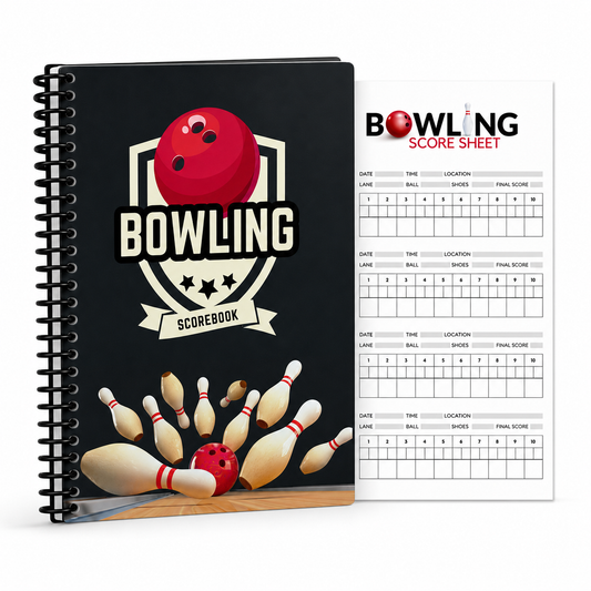 A spiral-bound bowling scorebook with a black cover featuring a red bowling ball, bowling pins, and the word 'BOWLING,' shown next to an open white score sheet on a light gray background.