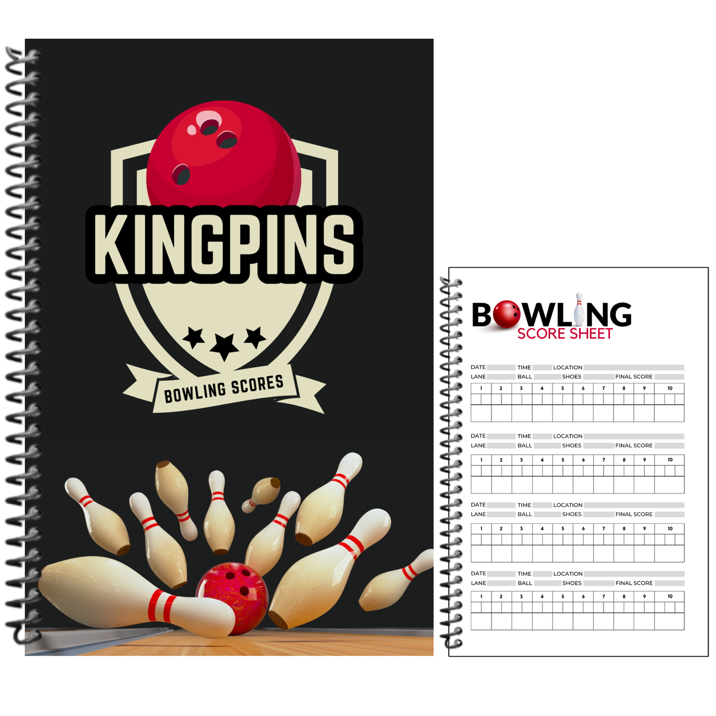 Personalized Kingpins spiral bowling scorebook and four-game score sheet displayed on a bowling alley scoring table with lanes and a ball return behind them.