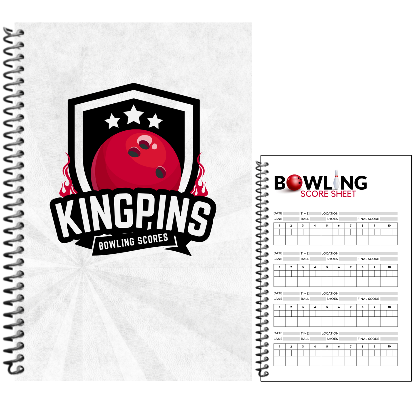 A spiral-bound notebook or score tracker cover on a light gray background, featuring a large bowling logo with a red bowling ball and the text 'KINGPINS BOWLING SCORES.' A separate printed bowling score sheet is shown to the right.