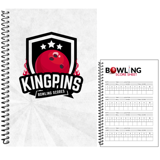 A spiral-bound notebook or score tracker cover on a light gray background, featuring a large bowling logo with a red bowling ball and the text 'KINGPINS BOWLING SCORES.' A separate printed bowling score sheet is shown to the right.