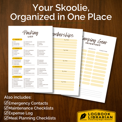 Skoolie Journal and travel logbook for bus conversion owners and skoolie enthusiasts. This adventure diary includes 120 guided pages for trip planning, packing lists, expense tracking, meal planning, and memory pages to capture road trip experiences. Perfect gift for bus life travelers, van life fans, and tiny home nomads. Record your skoolie journeys, keep organized, and create a lasting keepsake of life on the road.