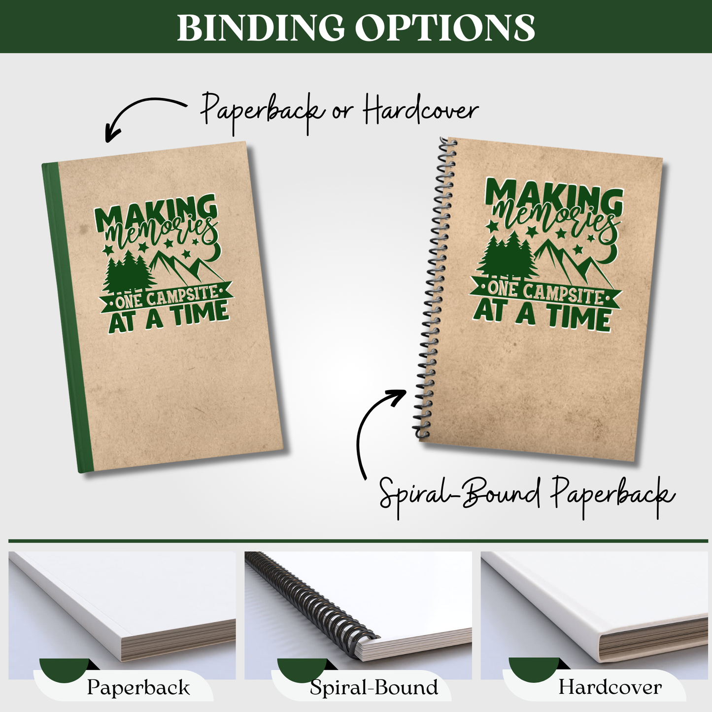 Binding options for camping journal - available in paperback, hardcover, and spiral-bound for easy note-taking"