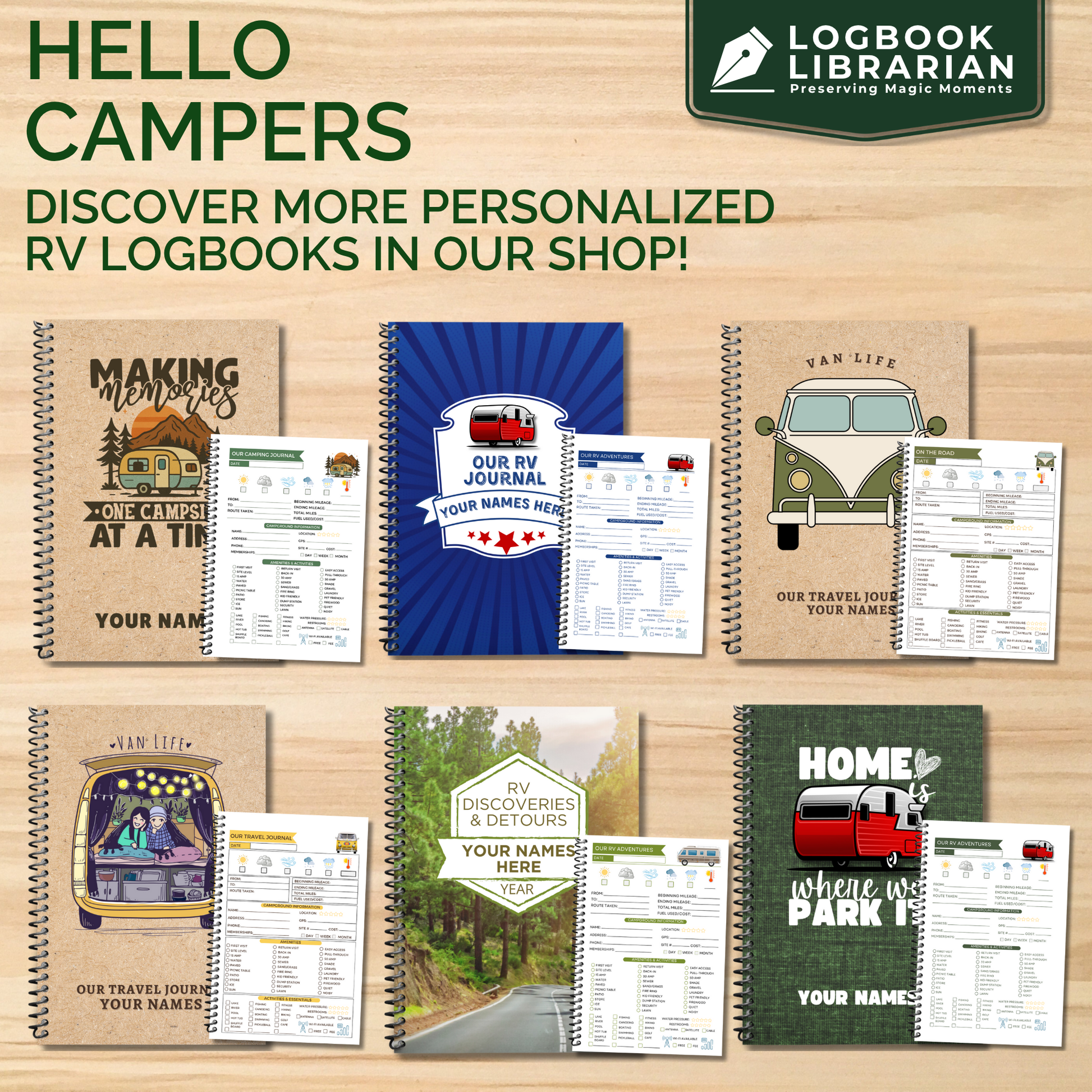 Collection of personalized RV travel journals with different cover designs and log pages, including camper organizer journals to track campsites, trips, and memories, custom gifts for RV owners and travelers.