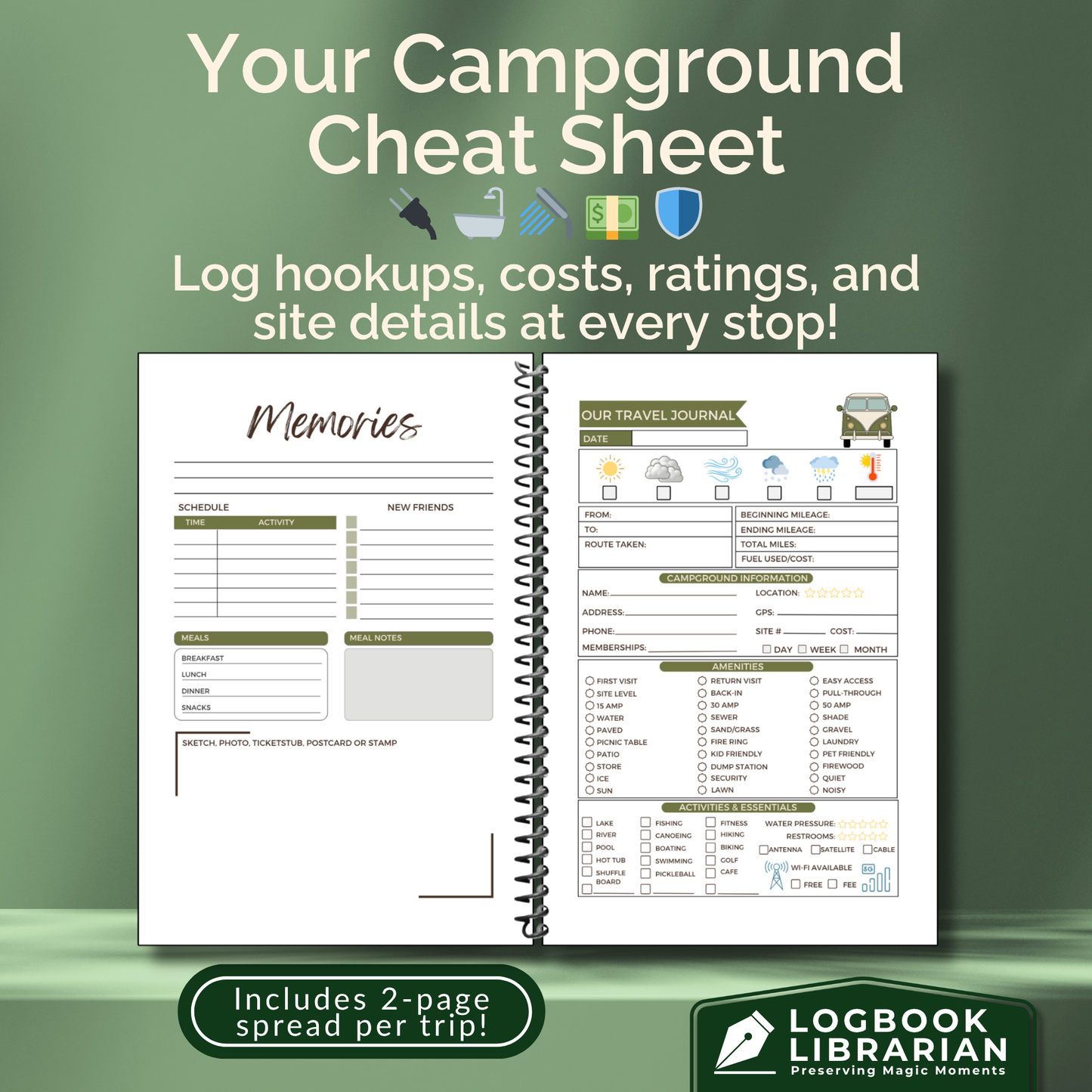 Personalized Van Life RV travel journal and custom camping logbook to track road trips, campsites, and memories. This RV life trip planner and adventure log makes a thoughtful gift for couples, retirees, and campers. A unique travel memory book and camping gift idea for Vanlife RV enthusiasts.