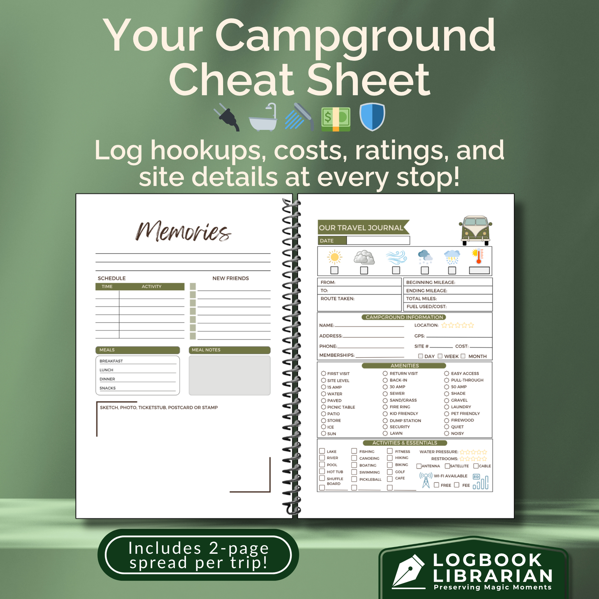 Personalized Van Life RV travel journal and custom camping logbook to track road trips, campsites, and memories. This RV life trip planner and adventure log makes a thoughtful gift for couples, retirees, and campers. A unique travel memory book and camping gift idea for Vanlife RV enthusiasts.