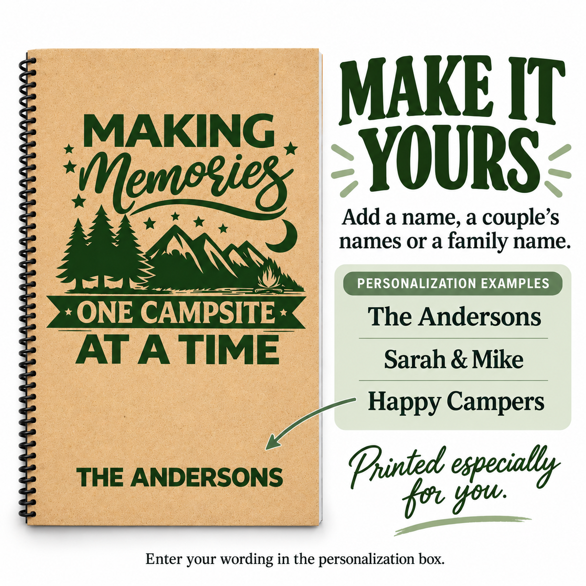 Camping journal personalized with The Andersons. Personalization examples include The Andersons, Sarah & Mike and Happy Campers, showing options for an individual name, couple’s names or family name.