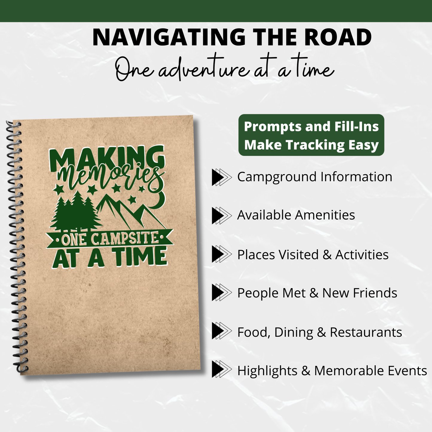 Camping log book with detailed tracking pages - ideal for campers to document their trips and adventures"