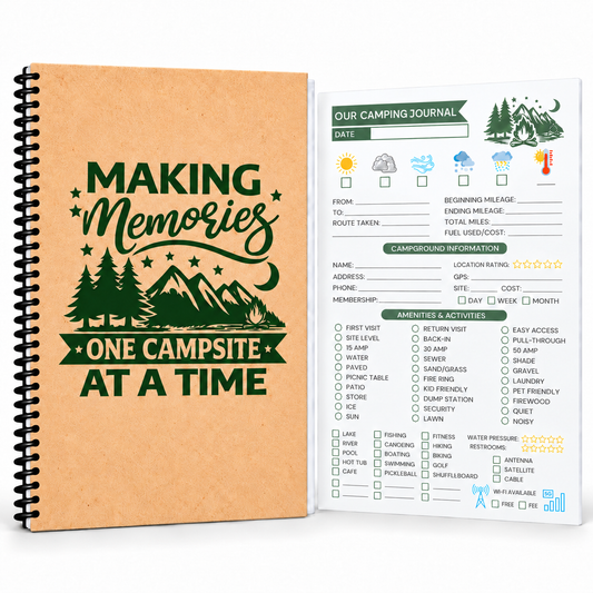 Spiral camping journal with a tan “Making Memories One Campsite at a Time” cover beside a campground log page.