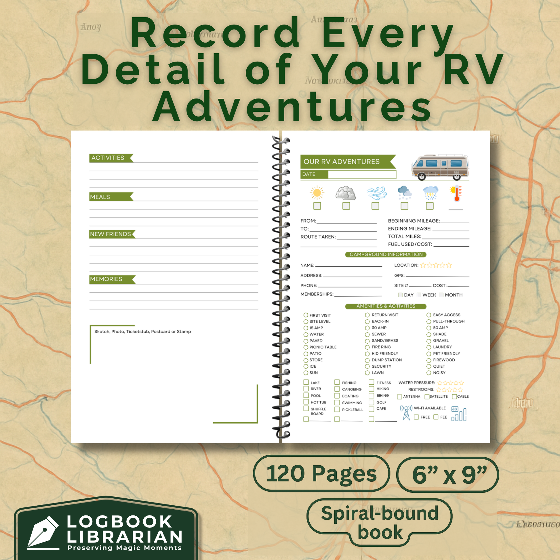 RV travel journal and camping logbook to track road trips, campsites, and memories. This RV life trip planner and adventure log makes a thoughtful gift for couples, retirees, and campers. A unique travel memory book and camping gift idea for RV enthusiasts.