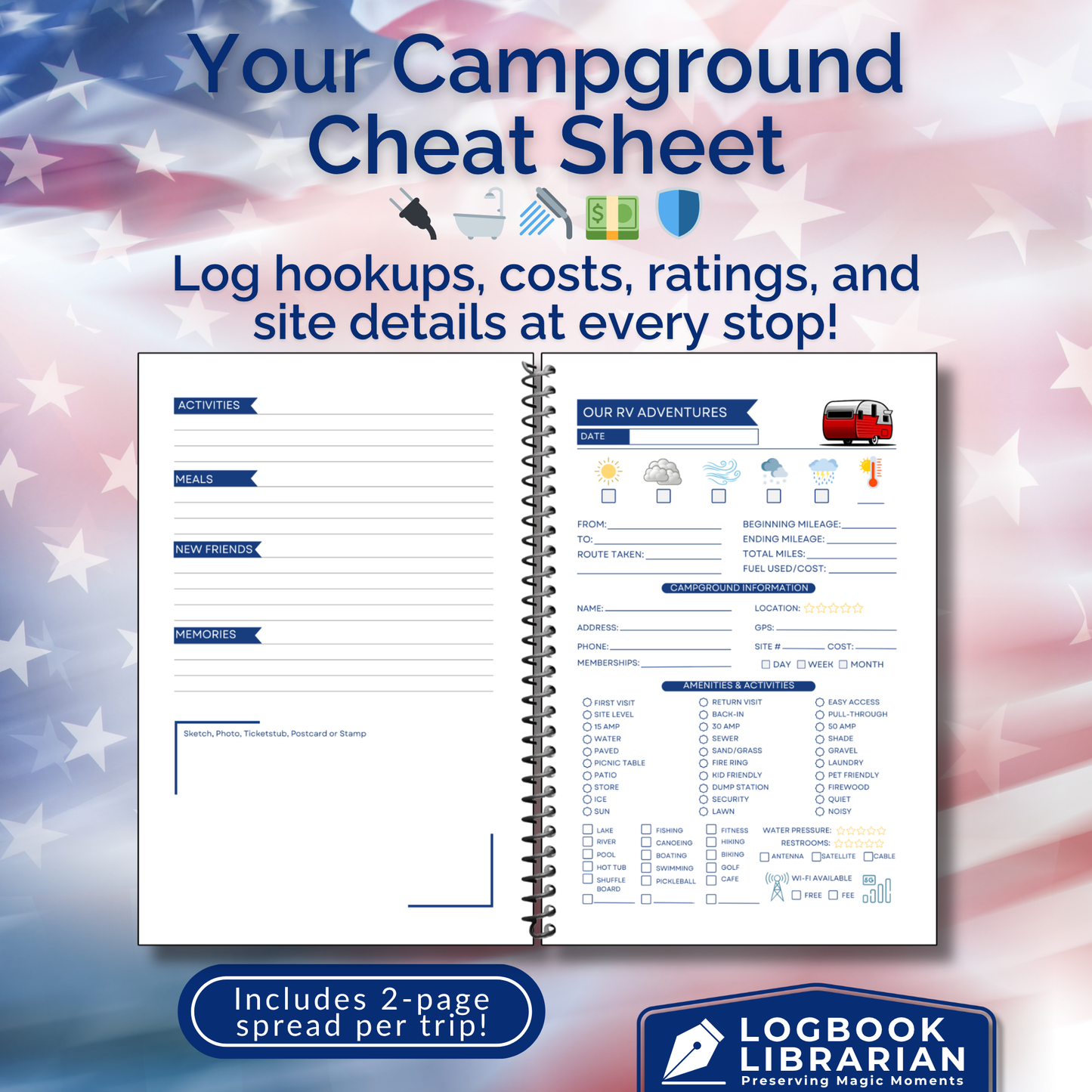 This RV travel journal and personalized road trip log book is perfect for RVers, campers, and motorhome owners who want to capture every adventure. Featuring detailed RV trip planner pages, campground logs, packing lists, checklists, and campsite trackers, this unique RV journal makes an ideal gift for couples, retirees, and anyone living the full-time RV lifestyle. Keep your memories organized and preserved in this custom RV log book designed for unforgettable road trips across the USA.