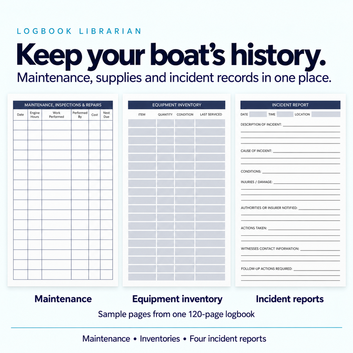 White Wheel Captain’s Logbook sample pages showing maintenance and repair records, equipment inventory, and an incident report form.