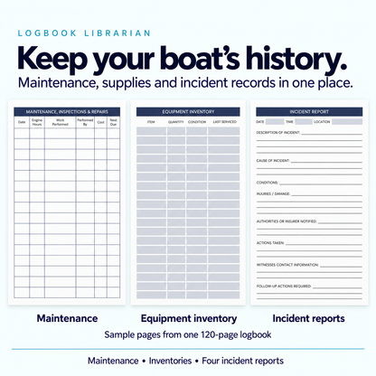 White Wheel Captain’s Logbook sample pages showing maintenance and repair records, equipment inventory, and an incident report form.