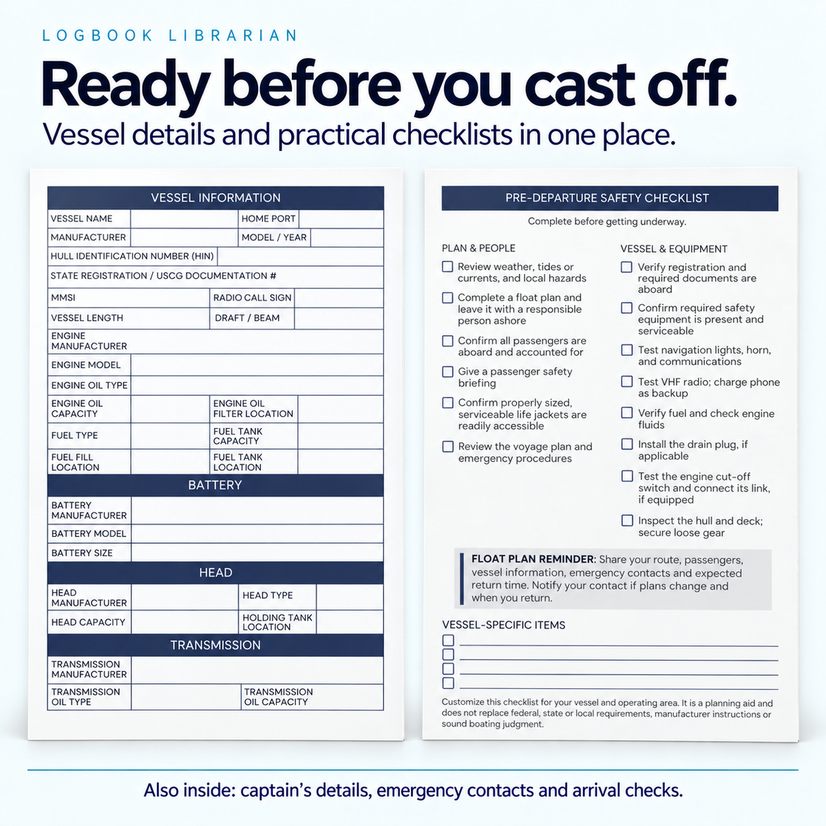 White Wheel Captain’s Logbook interior showing a vessel information page and pre-departure safety checklist for passengers, equipment, and trip preparation.