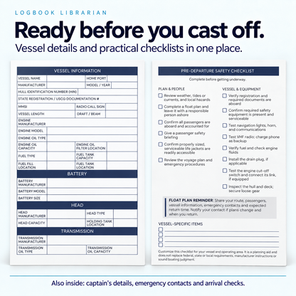 White Wheel Captain’s Logbook interior showing a vessel information page and pre-departure safety checklist for passengers, equipment, and trip preparation.