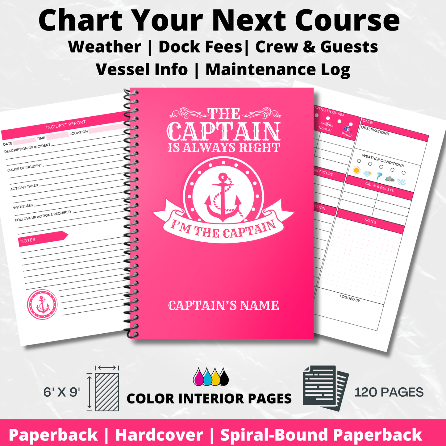 Custom Captains Log Book| Personalized Nautical Diary for Boat Captains | Perfect Gift for Boat Owners (Pink)