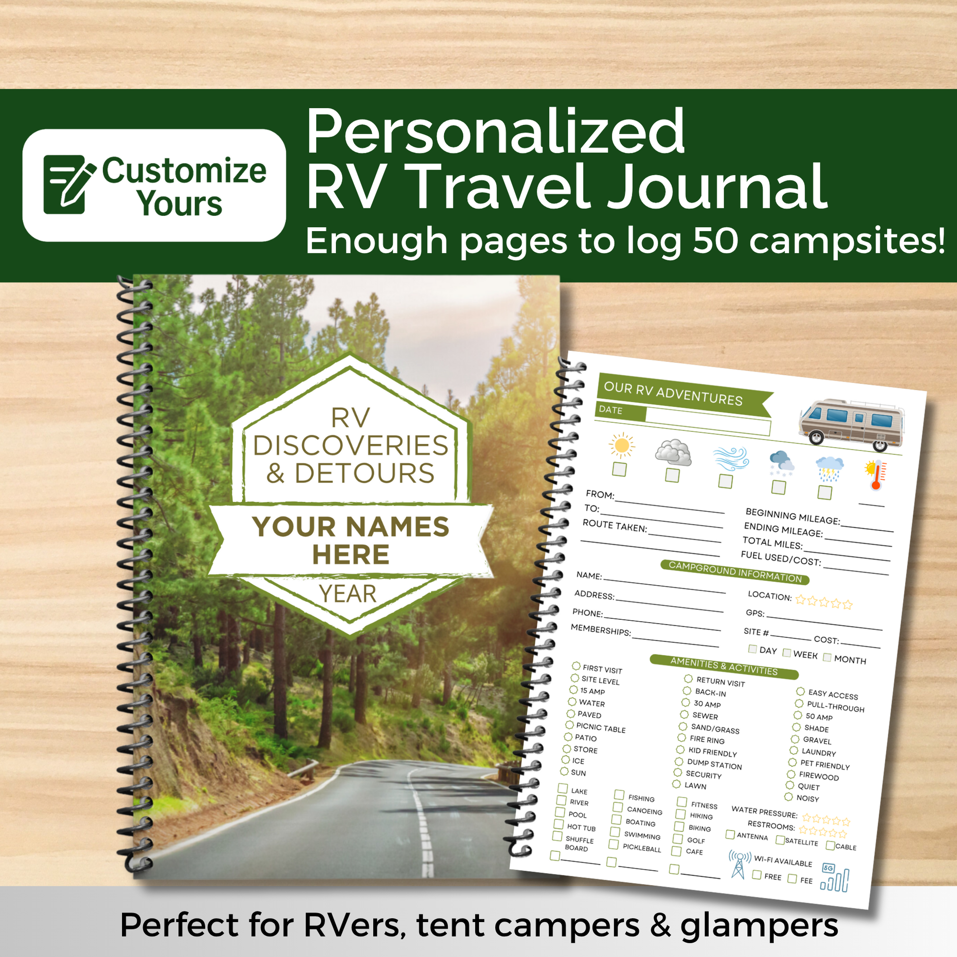 Personalized RV travel journal with custom name and year on cover, open to logbook pages for tracking 50 campsites, mileage, campground details, and amenities, perfect gift for RVers, campers, and glampers.