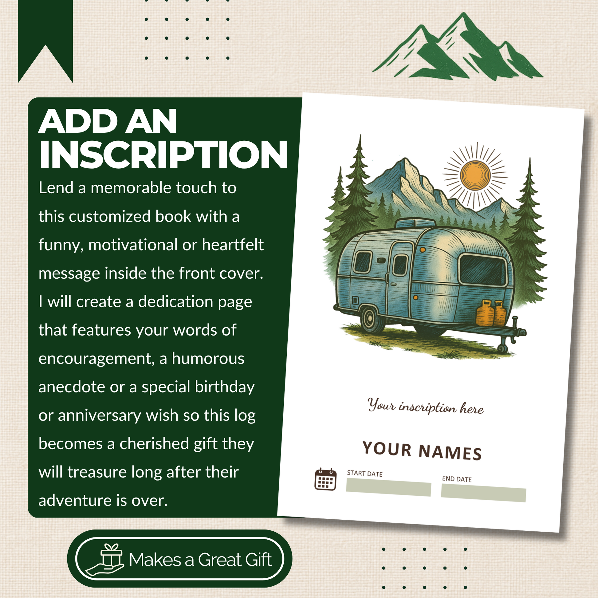 Capture every adventure in style with this Airstream RV Journal and Camping Logbook. Easily record campsite details, track mileage, plan meals, and document every RV trip. Thoughtfully designed with vintage-inspired details, this travel trailer memory book is the perfect keepsake for Airstream owners, full-time RVers, and camping enthusiasts who believe every mile is worth remembering.