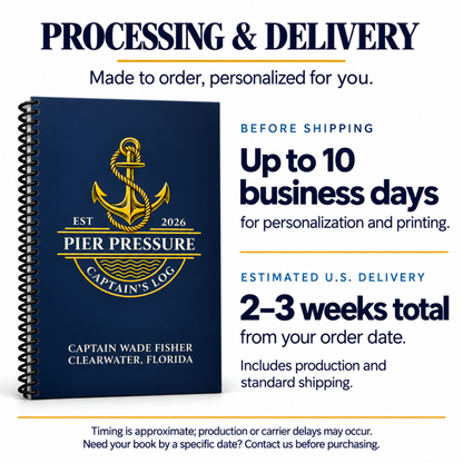 A spiral-bound book cover mockup for a personalized captain's log titled 'Pier Pressure Captain's Log' in navy blue with gold anchor graphics. The image includes promotional text about processing and delivery, stating up to 10 business days before shipping and estimated 2-3 weeks total from the order date.