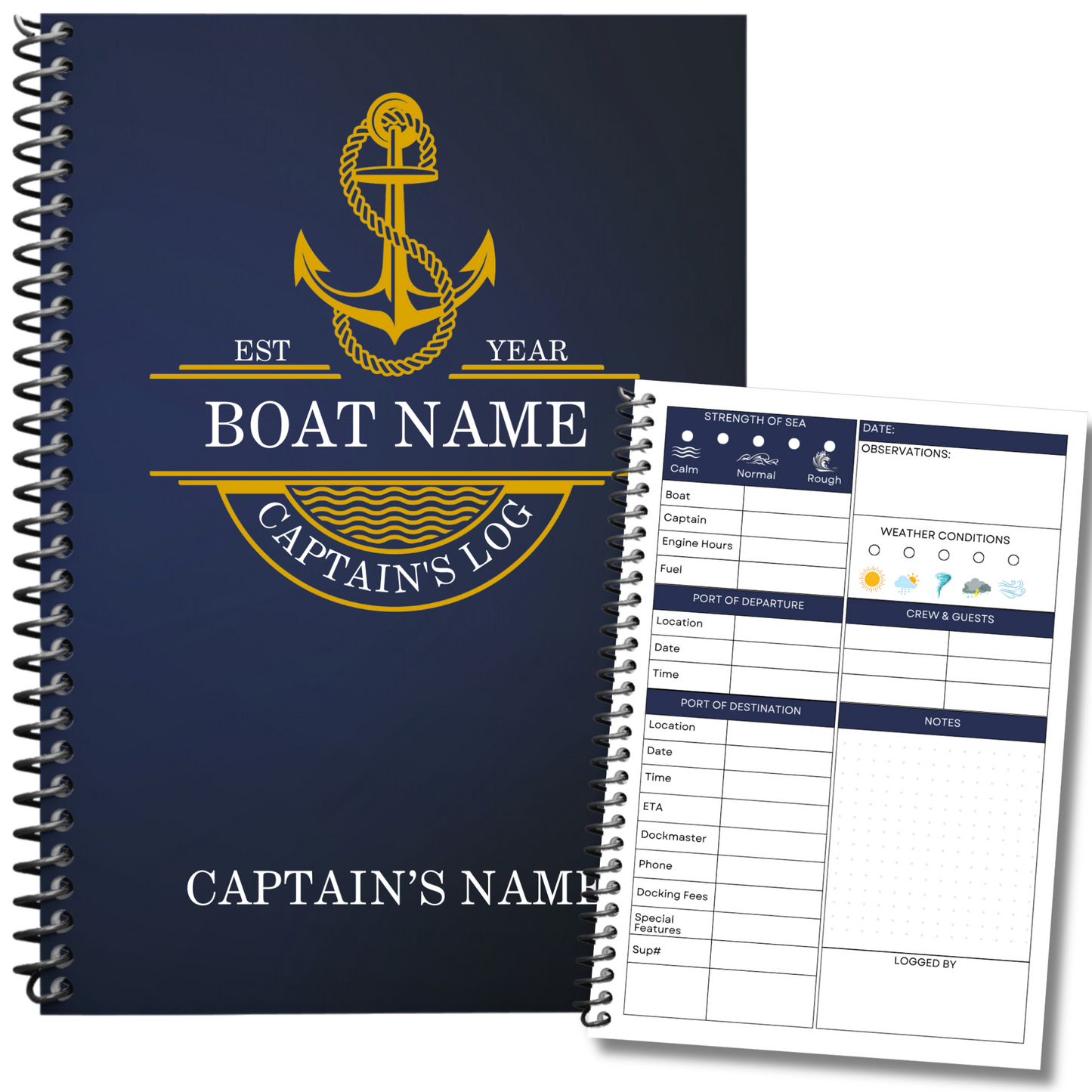 Custom captains logbook with navy blue cover and gold anchor design from Logbook Librarian. Interior page displayed with sections for strength of sea, weather conditions, port of departure and destination, crew and guests.