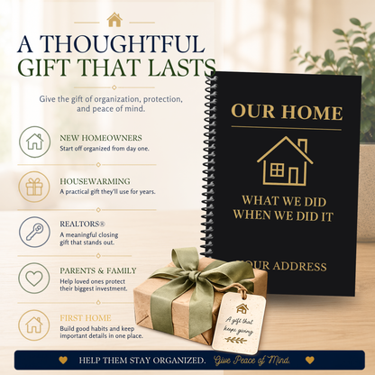 Personalized Home Maintenance Logbook for homeowners to organize home repairs, maintenance records, appliance information, paint colors, contractor contacts, utility information, insurance details, inspection notes, remodeling projects, and home improvement history. 