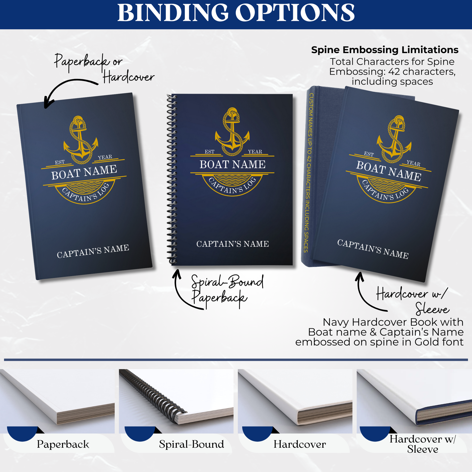 Binding options for custom captains logbook by Logbook Librarian. Shows four types: Paperback or Hardcover, Spiral-Bound Paperback, and Hardcover with Sleeve. Each option is navy blue with customizable boat name and captains name.