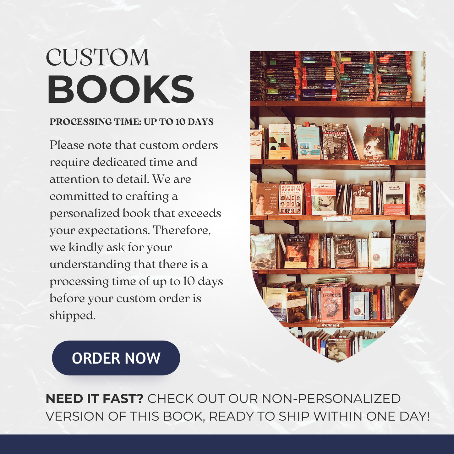 "Custom Captain's Log with personalized cover showing boat name and captain's name, displayed alongside a message about custom orders. Text overlay mentions 'Custom Books Processing Time: Up to 10 Days' and describes the attention to detail required for crafting personalized books. Additional text encourages ordering now and mentions a non-personalized version ready to ship within one day."