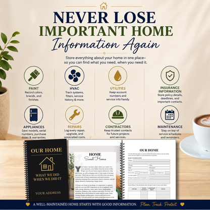 Customized Home Maintenance Logbook for homeowners to organize home repairs, maintenance records, appliance information, paint colors, contractor contacts, utility information, insurance details, inspection notes, remodeling projects, and home improvement history. 