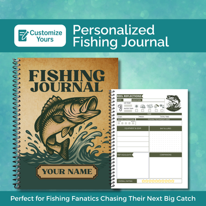 Personalized fishing journal and logbook to record fishing trips, catches, locations, weather, gear, and memories – great gift for fishermen, bass fishing, saltwater fishing, and anglers of all levels.