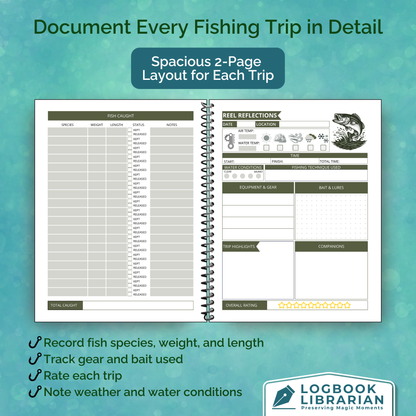 Personalized fishing journal and logbook to record fishing trips, catches, locations, weather, gear, and memories – great gift for fishermen, bass fishing, saltwater fishing, and anglers of all levels.