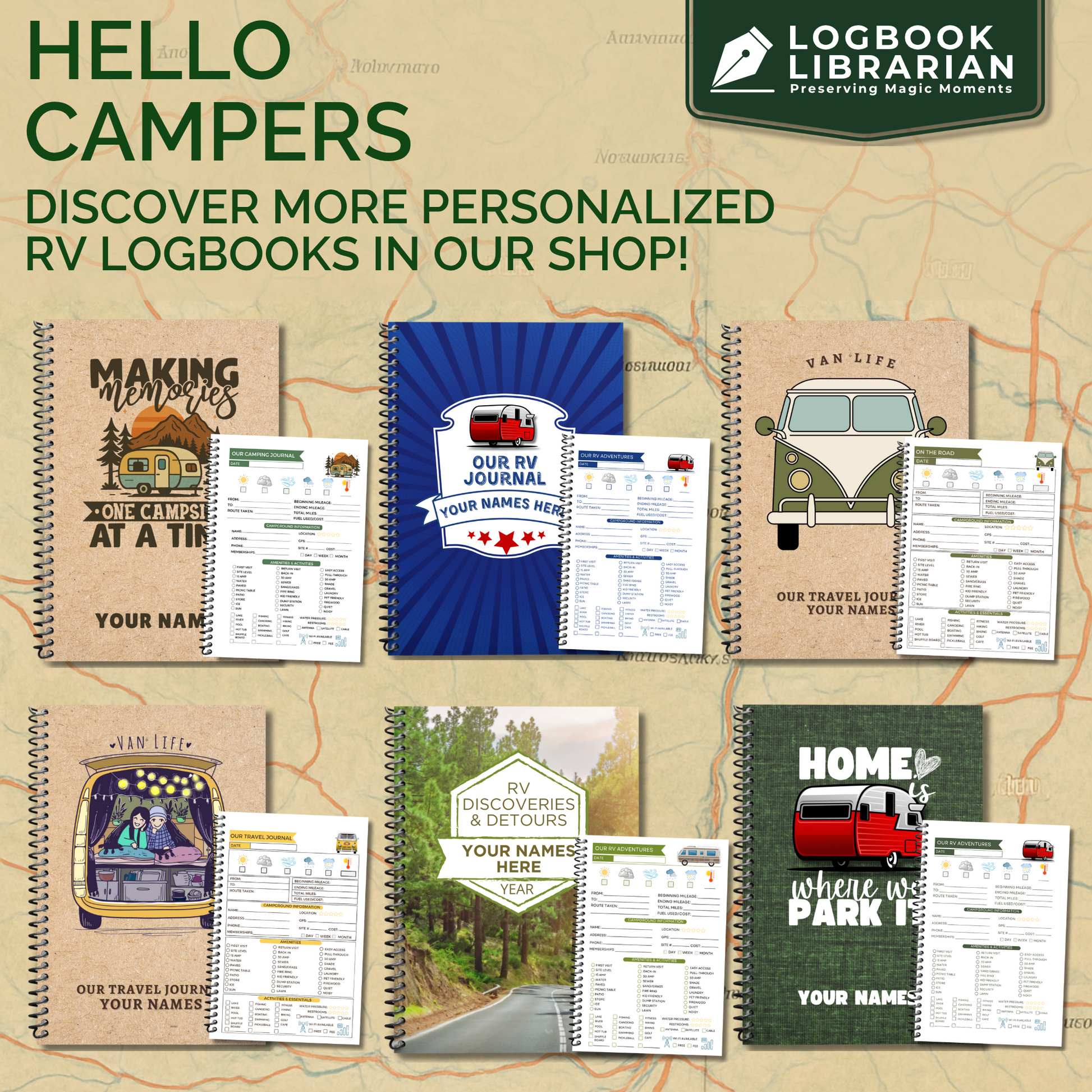 RV travel journal and camping logbook to track road trips, campsites, and memories. This RV life trip planner and adventure log makes a thoughtful gift for couples, retirees, and campers. A unique travel memory book and camping gift idea for RV enthusiasts.