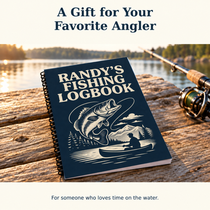 Navy spiral fishing logbook on a wooden dock beside a fishing rod and reel, with a lake in the background. Text reads, “A Gift for Your Favorite Angler.”