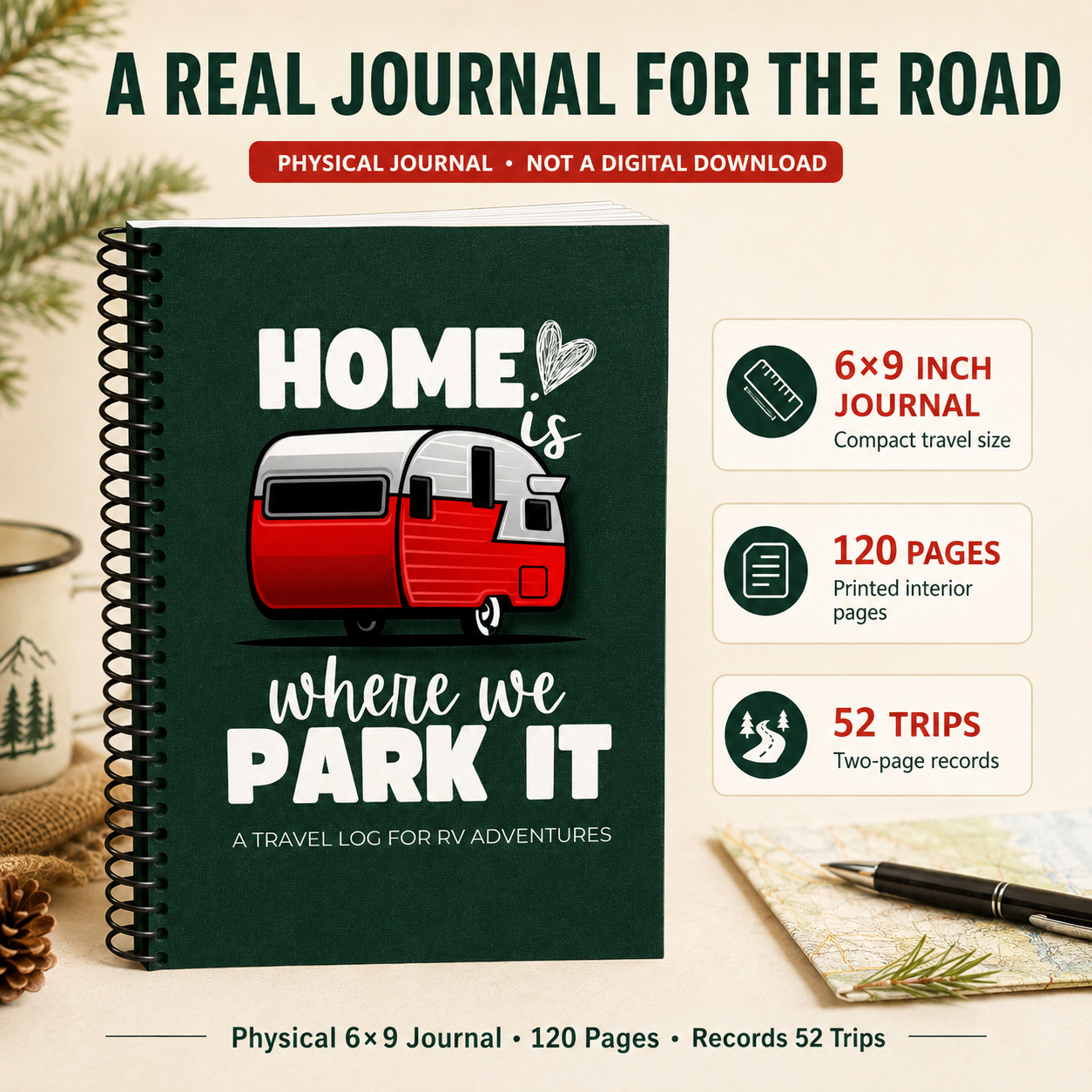 Green 6×9-inch RV travel journal with a thick black plastic spiral coil, featuring 120 pages and space to record 52 trips. This is a physical journal