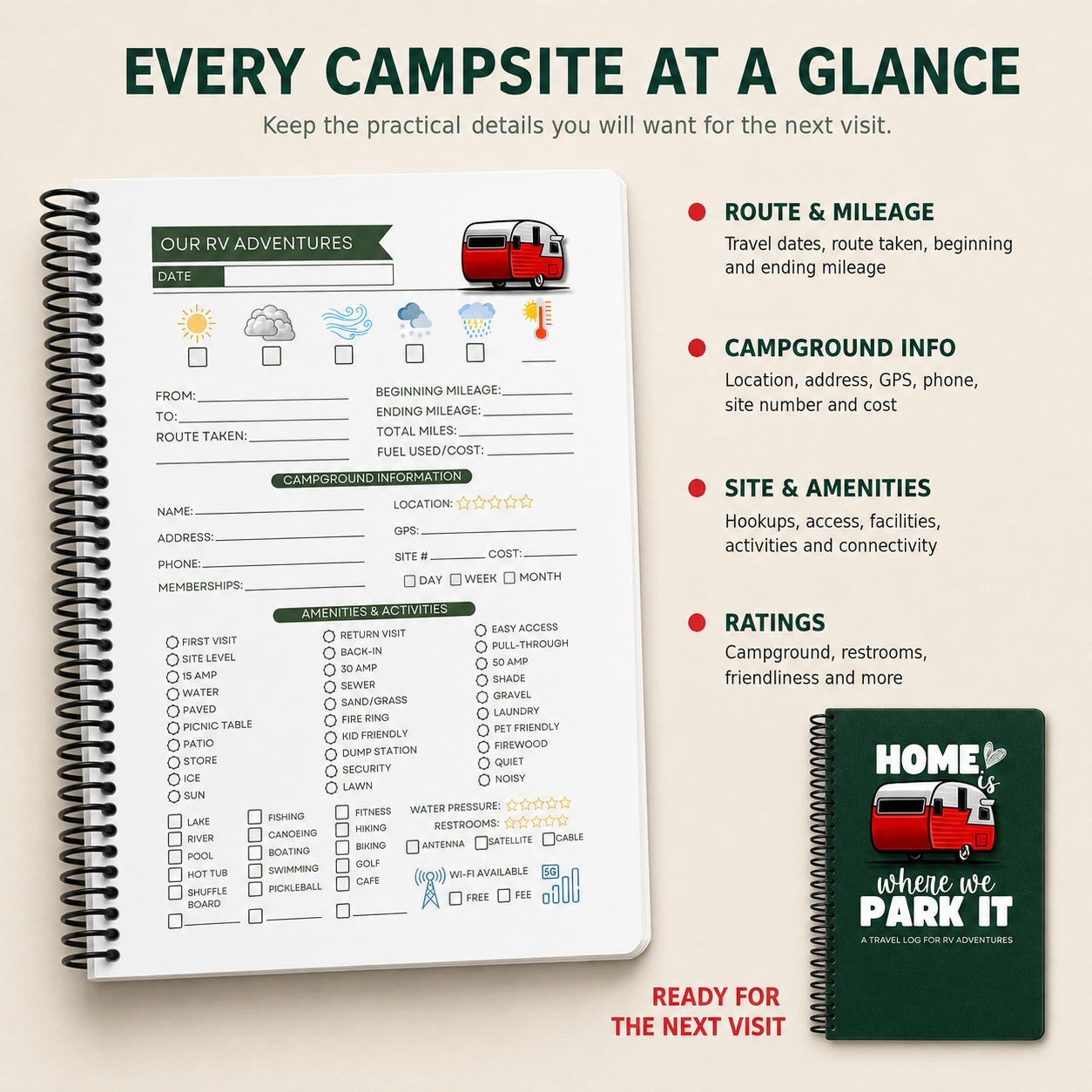 Open 6×9-inch RV travel journal with a black plastic spiral coil, showing a campground record page for route, mileage, campsite details, amenities, connectivity and ratings beside the green Home Is Where We Park It cover.