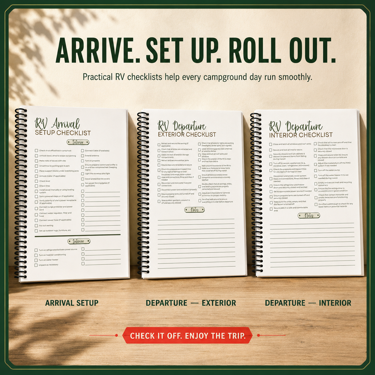 Three views of a 6×9-inch RV travel journal with thick black plastic spiral coils, showing the packing checklist, campsite arrival checklist and campsite departure checklist pages.