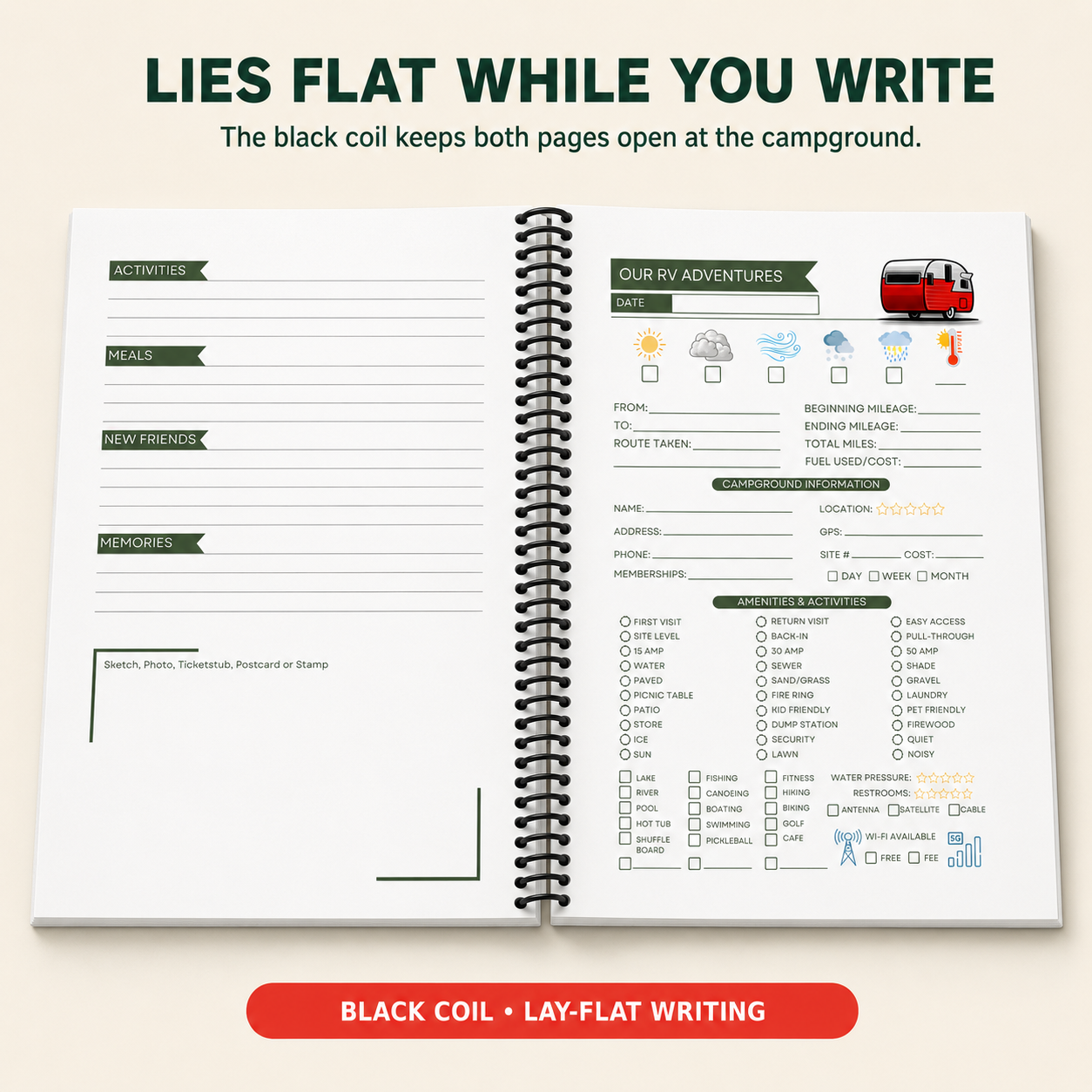 Open 6×9-inch RV travel journal with a black plastic spiral coil, showing a two-page campground trip record for mileage, campsite details, amenities, activities, ratings and memories. The journal lies flat for easy writing.